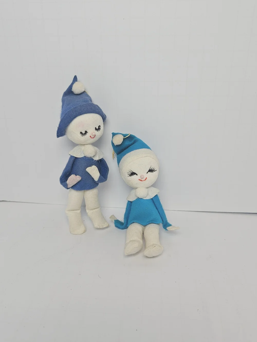 Rare Blue Vintage Felt  Flocked Snow Babies Christmas Ornaments